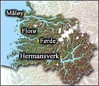 Leikanger og Hermansverk er administrasjonsstad i Sogn og Fjordane fylke. (Grunnlagskart © Statens Kartverk)