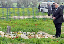 Israels nye statsminister Ariel Sharon besøkte etter valget graven til hans avdøde kone Lily ved Shikmim-farmen i nordlige Negev. (Foto: EPA)