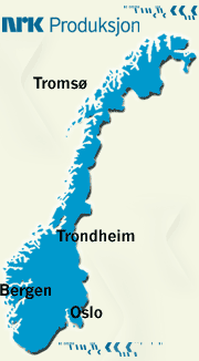 Noregskart med regionsentralane i NRK